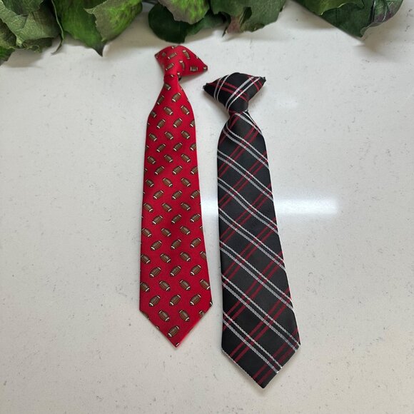 Set Of 2 Boys Ties Red Football Pattern & Black Plaid 100% Polyester - Picture 1 of 6